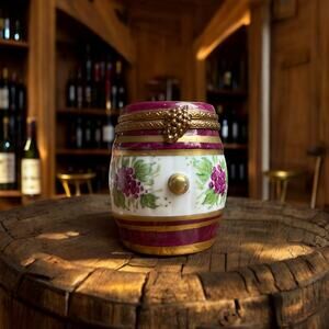 Authentic Wine Barrel Porcelain Limoges Trinket Box, Ring Box Pill Box Grapes